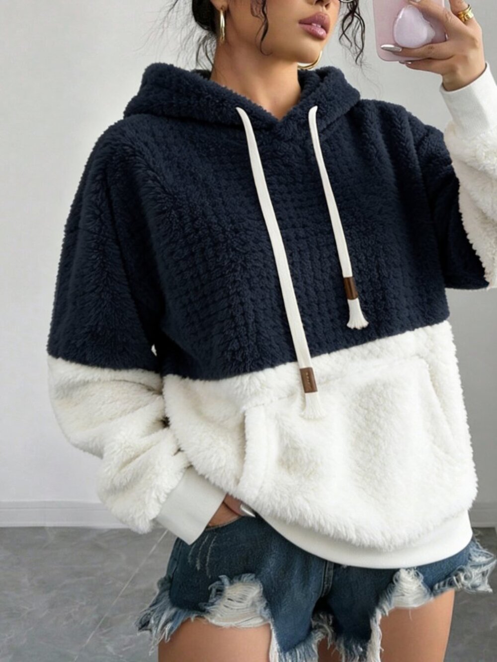Navy Blue Casual Women's Fuzzy Loose Pullover